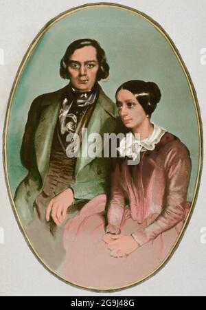 Robert Schumann (1810-1856). German composer and pianist. Clara Schumann (1819-1896). German pianist, wife of Robert Shumann. Portrait of Robert and Clara Schumann. 1847. Later colouration. Stock Photo