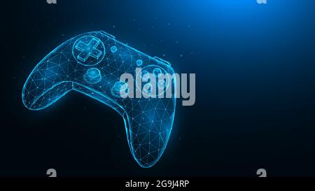 Joystick for video games low poly design. Polygonal illustration of a game controller on a dark blue background. Stock Vector