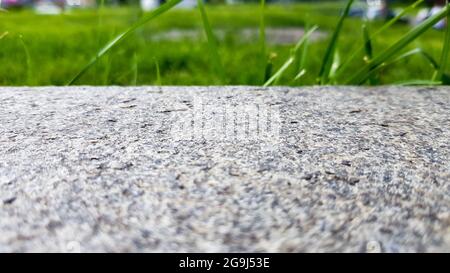 green grass on a gray concrete wall background, uneven wall surface and grass, background image. Gray concrete wall with grass floor texture for backg Stock Photo