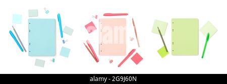 Set of blank color sheets. Template or mockup for simple text. Blue, pink and green school stationery isolated on a white background. Back to school. Stock Photo