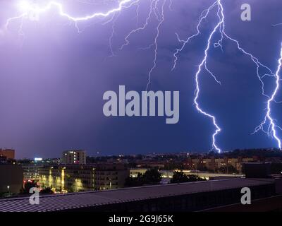 Storm over Vienna with lots of lightning. Stock Photo