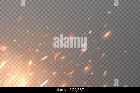 Fire sparks. Flying particles on transparent backdrop. Realistic flame elements. Burning orange fire flying up. Bright lighting effect. Vector Stock Vector