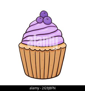 Cupcake with blueberry cream decorated with berries. Vector hand-drawn illustration isolated on white background. Perfect for cards, menu, logo, invitations, decorations. Stock Vector