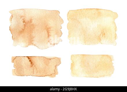 Set of abstract watercolor stains of brown color isolated on white background. Spilled blots of paint. Suitable for your projects, decorations, cards. Stock Photo