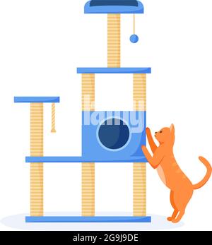 Cat tree or house with scratching posts. Cute red cat interested in cat tower and scratching it. Cat playground with claw sharpeners. Flat style Stock Vector