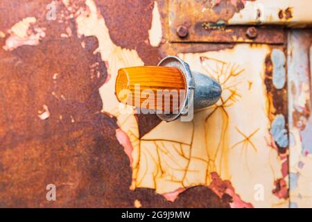 Palouse, Washington, USA. May 24, 2021. Details of a rusted vintage Flxible brand bus. Stock Photo