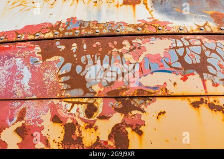 Palouse, Washington, USA. May 24, 2021. Details of a rusted vintage Flxible brand bus. Stock Photo