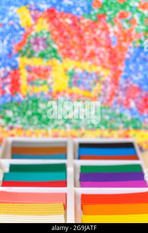 Multicolor plasticine blocks background. Colorful blurred  background with plasticine Stock Photo