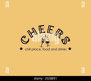 Alcohol industry emblem, distillation business. logo or emblem template - Cheers with different glasses. Monochrome, black on white. Place for text Stock Vector