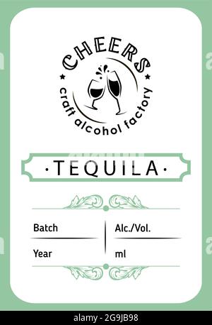 tequila label design with ethnic elements in thin line style. Alcohol industry emblem, distilling business. Monochrome, black on white. Place for text Stock Vector