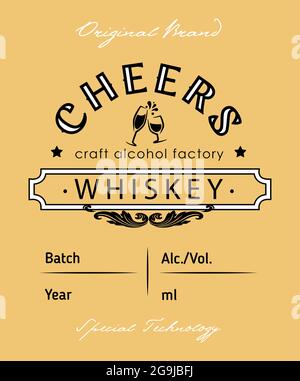 whiskey label design with ethnic elements in thin line style. Alcohol industry emblem, distilling business. Monochrome, black on white. Place for text Stock Vector
