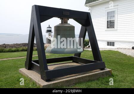 The fog warning bell at Marshall Point Lighthouse (1832 present tower 1857) in Port Clyde, Maine.  Was a scene in the movie Forest Gump Stock Photo