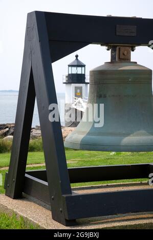 The fog warning bell at Marshall Point Lighthouse (1832 present tower 1857) in Port Clyde, Maine.  Was a scene in the movie Forest Gump Stock Photo