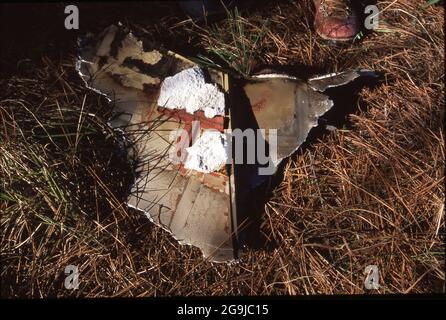 Texas Accidents & Disasters:  ©2003 Pieces of the Columbia Space Shuttle near Rusk in Cherokee County as debris scattered throughout east Texas in the aftermath of the Space Shuttle Columbia disaster that broke up over east Texas in February, 2003. Stock Photo