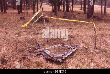 Texas Accidents & Disasters:  ©2003 Pieces of debris scattered throughout east Texas in the aftermath of the Space Shuttle Columbia disaster that broke up over east Texas in February, 2003.  near Bronson in Sabine County. Stock Photo