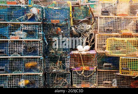 Wire lobster traps piled up in Port Clyde, Maine, USA Stock Photo