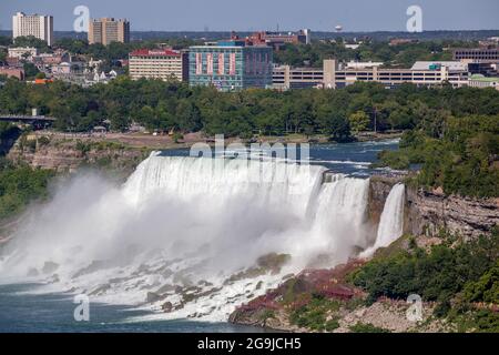 The American Falls Niagara Falls New York State With The Town Of Niagara Falls NY USA Stock Photo