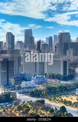 tokyo, japan - january 02 2021: Bird's-eye view on the Kokyo Gaien National Garden of Tokyo Imperial Palace with the red brick building of Ministry of Stock Photo