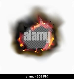 Realistic Burnt hole in paper with fire and black ash. Stock Vector