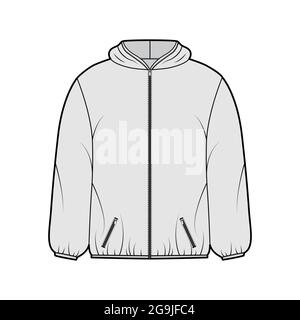 Puffer coat jacket technical fashion illustration with long sleeves, hoody collar, zip-up closure, pockets, boxy fit, hip length. Flat template front, grey color style. Women, men, unisex top CAD Stock Vector