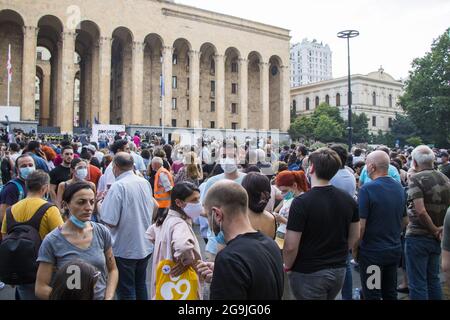 TBILISI, GEORGIA - Jul 12, 2021: A crowd of people collected for demonstration and protest in Tbilisi, Georgia Stock Photo