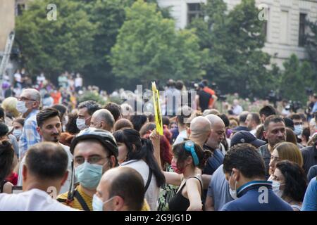 TBILISI, GEORGIA - Jul 12, 2021: A crowd of people collected for demonstration and protest in Tbilisi, Georgia Stock Photo