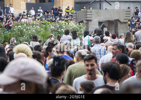 TBILISI, GEORGIA - Jul 12, 2021: A crowd of people collected for demonstration and protest in Tbilisi, Georgia Stock Photo