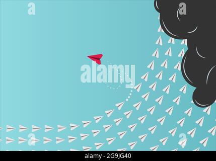 Red unique paper plane changing direction, dividing from group. Game changer, innovation, thinking different concept. Stock Vector