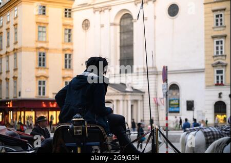Vienna Austria - September 26, 2019. Horse carriage wating for passangers in Michaelerplatz  Vienna Austira. Stock Photo
