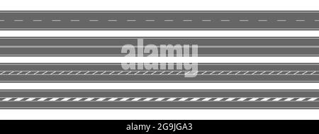 Set of straight roads. Horizontal top view. Empty highways with different markings isolated on white background. Seamless roadway templates. Elements of city map. Vector flat illustration. Stock Vector
