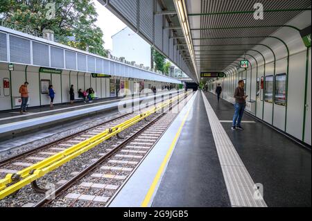 vienna Austria - September 26, 2019. People waitng for train at Kettenbruckengasse Station, Vienna, Austria. Stock Photo