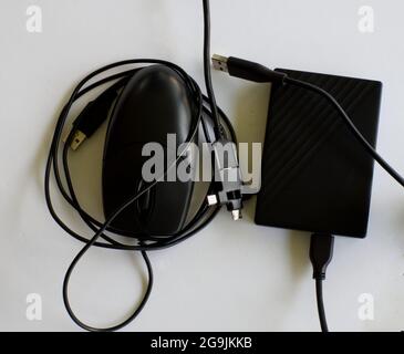 A Mouse and External Hard Drive on a White Background Stock Photo