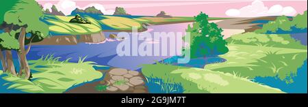 Panoramic realistic landscape, fast winding river - Vector illustration Stock Vector