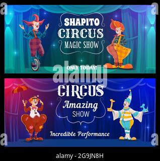 Circus performers vector banners. Big top gymnast, snake charmer and ...