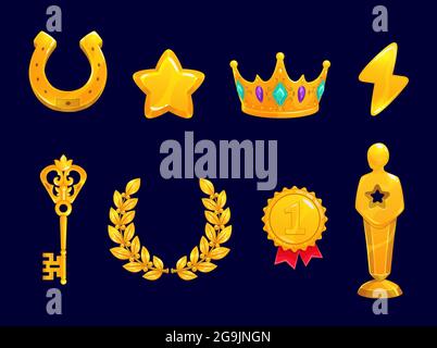 Golden game assets wreath, star, horseshoe and crown, medal, key with lightning and award statue icons. Cartoon vector rate ui elements for app interf Stock Vector