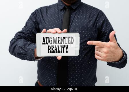 Sign displaying Augmented Reality. Business approach interactive experience of a realworld environment Presenting New Technology Ideas Discussing Stock Photo