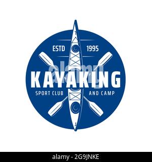 Kayaking sport club icon with kayak boat or canoe paddle rowing, vector. Kayak club and camp, river or lake and sea rafting sport activity and extreme Stock Vector