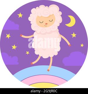 The sheep jumps on the rainbow and smiles. The concept of sleep, dreams, children's insomnia. The concept of sleep, dreams, children's insomnia. Can Stock Vector
