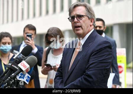 New York City, USA. 26th July, 2021. Matt Harrington, defense attorney for Thomas Barrack, speaks to members of the press outside of the Brooklyn Federal Court, in the Brooklyn borough of New York City, NY, July 26, 2021. Thomas Barrack, close of ally of former President Donald Trump, plead not guilty to charges of not registering as a foreign agent, advancing United Arab Emirates interest and influencing foreign policy positions of former President Donald Trump's 2016 campaign. (Anthony Behar/Sipa USA) Credit: Sipa USA/Alamy Live News Stock Photo