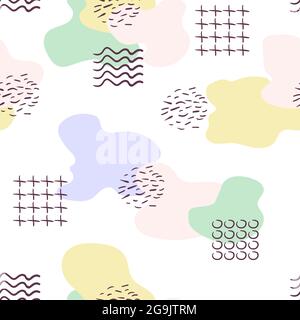 Trendy Abstract memphis geometric pastel seamless pattern. liquid fluid shapes with dots, curved lines, plus, circles elements. Stock vector Stock Vector