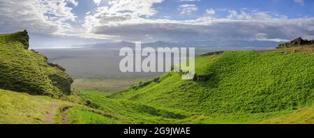 View from Hjoerleifshoefdi (Viking grave) over wide lava sand area to Vik, Myrdalur, Suourland, Iceland Stock Photo
