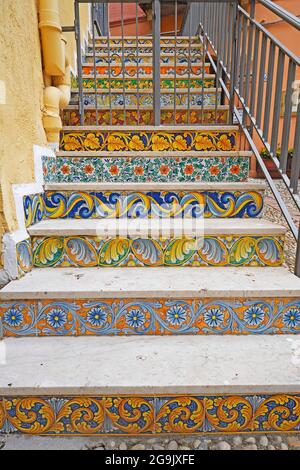 Stairs decorated with ceramic tiles, Sciacca, Sicily, Italy Stock Photo