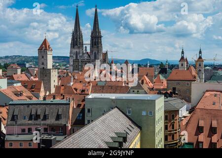 Overlook over the Unesco world heritage sight Regensburg from the tower of the Church of the Holy Trinity, Bavaria, Germany Stock Photo