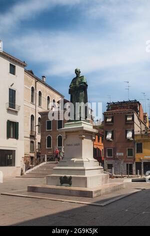 VENICE, ITALY - JUNE 15, 2016 Statue of Paolo Sarpi, Campo Santa Fosca, Venice, Italy. Monument built near the place where he was stabbed by the pope's assassins Stock Photo