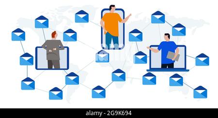 email messaging e-mail communication people sending receiving envelope icon worldwide communication digital technology traffic Stock Vector