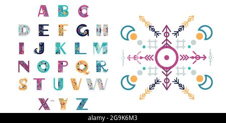 Native Born Lettering Native american indian font or mexican alphabet with numbers. Figure ...