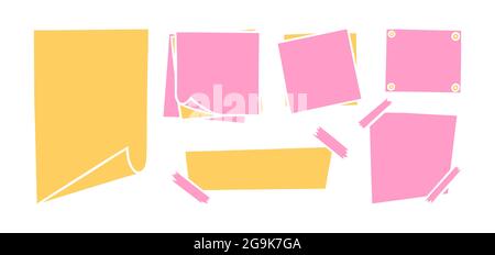 Handdrawn paper sheets with sticky tape and pins. Pink and yellow blank paper pages for memos and messages. Colored vector illustration isolated in Stock Vector