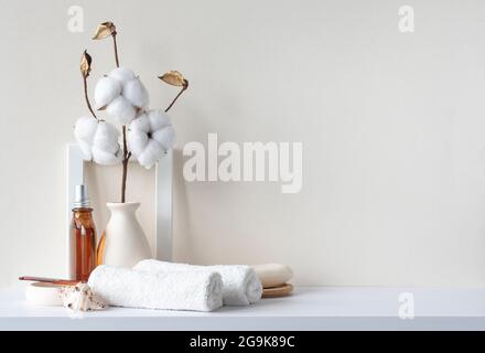 Bathroom interior in beige pastel tone. White shelf in bathroom with towels, soap, perfume bottle, hairbrush, houseplant. Mockup with space for text. Stock Photo