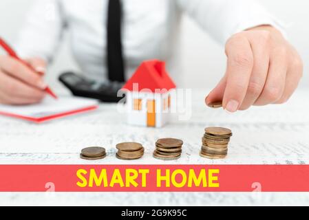 Text caption presenting Smart Home. Word Written on equipped home can be controlled remotely by phone or computer New home installments and Stock Photo
