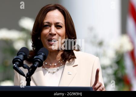 Washington, USA. 26th July, 2021. U.S. Vice President Kamala Harris speaks during a ceremony celebrating the 31st anniversary of the Americans with Disabilities Act (ADA) at the White House in Washington, DC, the United States, on July 26, 2021. Credit: Ting Shen/Xinhua/Alamy Live News Stock Photo